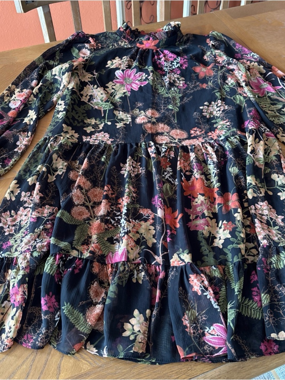 Floral Navy Long-Sleeve Tiered Dress
